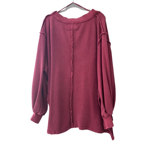 We The Free Asher Thermal Knit Oversized V-Neck Top Large Burgundy Ribbed - Picture 3 of 13
